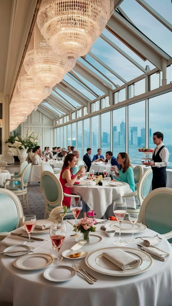 Bright dining room with chandeliers and city views